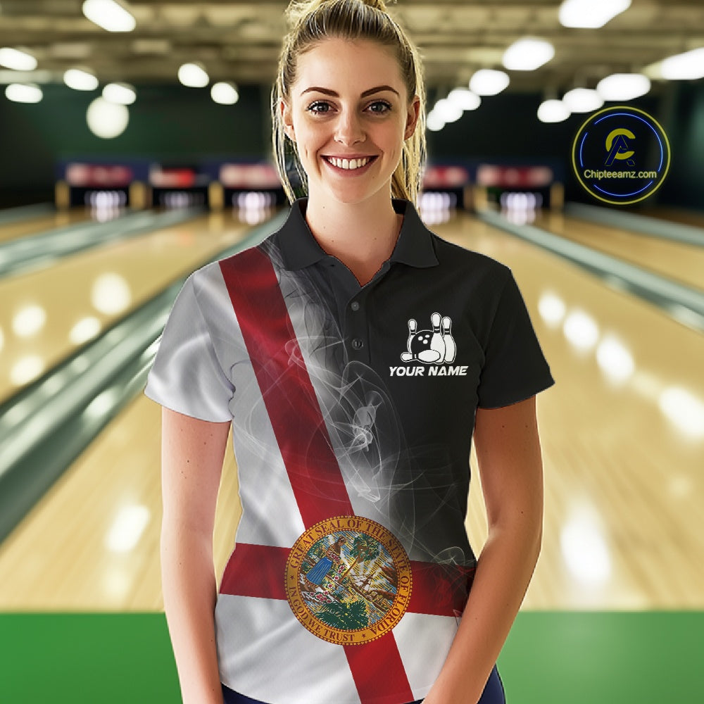 Custom Smoke Florida Flag Bowling Women Team Shirts, Patriotic Florida Bowling Jerseys IPHW10626
