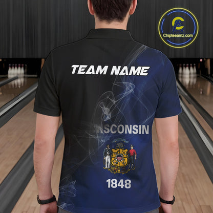 Custom Smoke Wisconsin Flag Bowling Men Team Shirts, Patriotic Wisconsin Bowling Jerseys IPHW10628