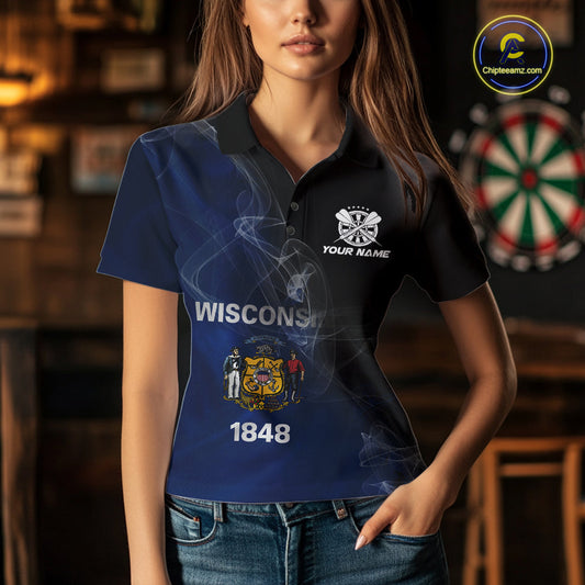 Custom Smoke Flame Wisconsin Flag Patriotic Darts Shirt For Women, Dart League Team Jerseys IPHW10633