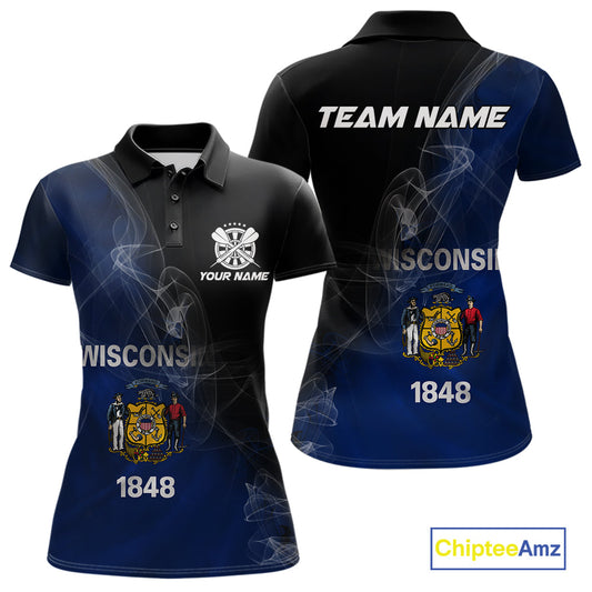 Custom Smoke Flame Wisconsin Flag Patriotic Darts Shirt For Women, Dart League Team Jerseys IPHW10633