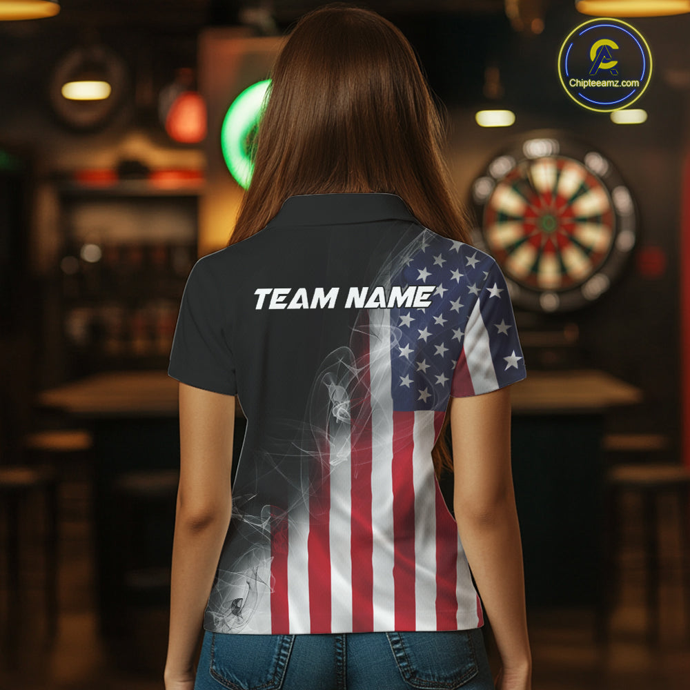 Custom Smoke Flame US Flag Patriotic Darts Shirt For Women, American Dart Team Jerseys IPHW10630