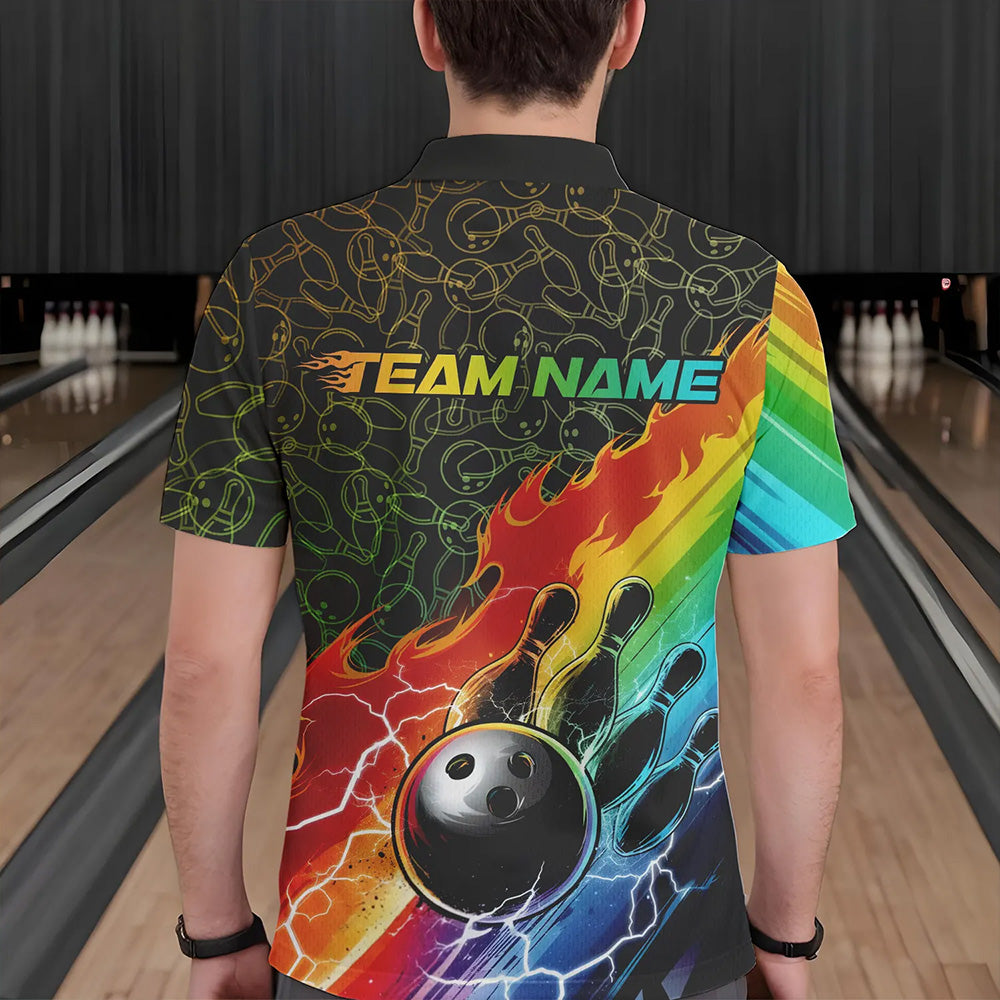Custom Rainbow Flame Bowling Team Polo Shirts For Men, Colorful Bowling League Shirt IPHW8785
