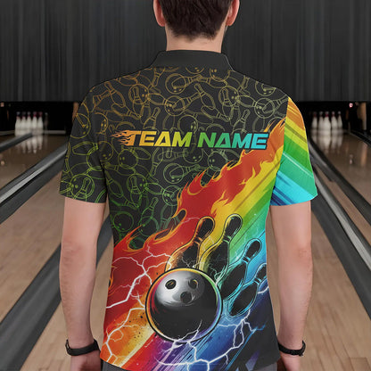 Custom Rainbow Flame Bowling Team Polo Shirts For Men, Colorful Bowling League Shirt IPHW8785
