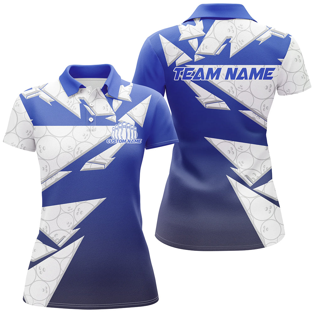 Custom Blue Bowling Team Shirts For Women, Bowling Ball Pattern Bowlers Outfits IPHW6271