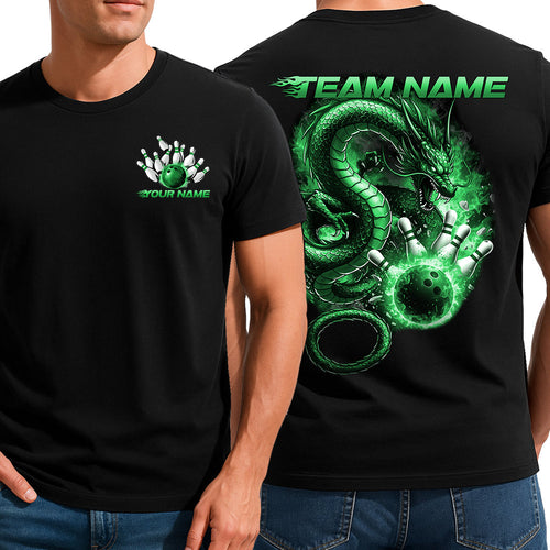 Custom Flame Dragon Bowling T-Shirts For Men, Green Fire Bowling Ball Shirt IPHW9068