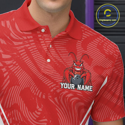 Close-up front view of the left chest area on a red custom bowling polo shirt featuring a funny aggressive crawfish holding a bowling ball in a sportswear-style design.
