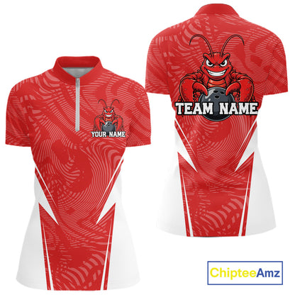 Front and back views of a red custom women's quarter-zip bowling shirt featuring a funny aggressive crawfish holding a bowling ball in a sportswear-style design.