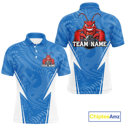 Front and back views of a blue custom men's bowling polo shirt featuring a funny aggressive crawfish holding a bowling ball in a sporty design style.