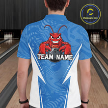 Load image into Gallery viewer, Back view of a male model in a bowling alley wearing a blue custom bowling polo shirt with a funny aggressive crawfish holding a bowling ball in a sportswear-style design.