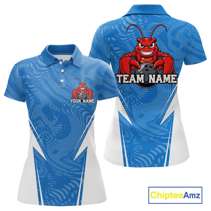 Front and back views of a blue custom women's bowling polo shirt featuring a funny aggressive crawfish holding a bowling ball in a sportswear-style design.