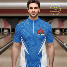 Load image into Gallery viewer, Front view of a male model in a bowling alley wearing a blue custom quarter-zip bowling shirt with a funny aggressive crawfish holding a bowling ball in a sportswear-style design.