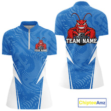 Load image into Gallery viewer, Front and back views of a blue custom women's quarter-zip bowling shirt featuring a funny aggressive crawfish holding a bowling ball in a sportswear-style design.
