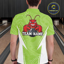 Load image into Gallery viewer, Back view of a male model in a bowling alley wearing a light green custom bowling polo shirt with a funny aggressive crawfish holding a bowling ball in a sportswear-style design.