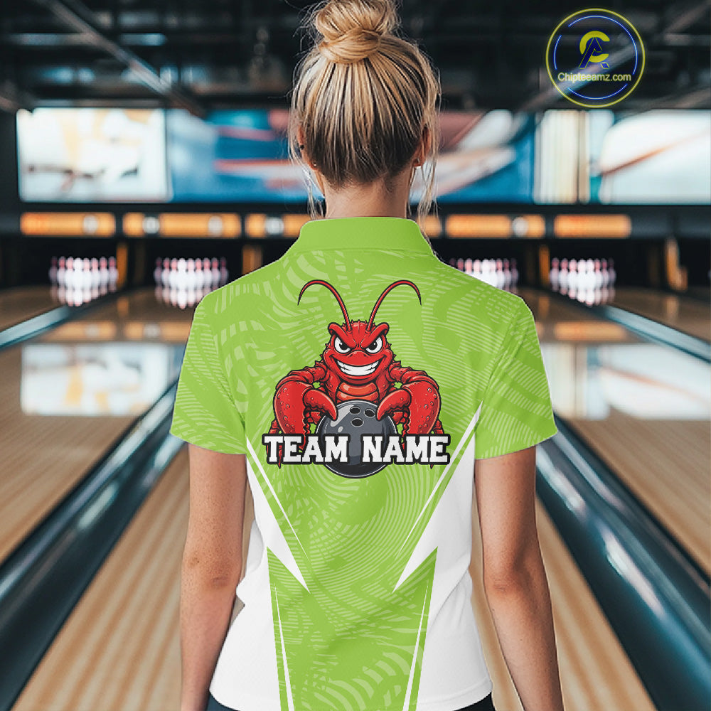 Back view of a female model in a bowling alley wearing a light green custom bowling polo shirt with a funny aggressive crawfish holding a bowling ball in a sportswear-style design.