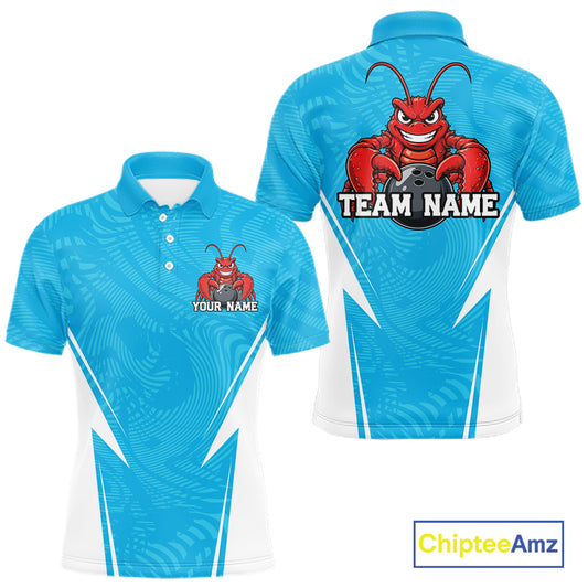 Front and back views of a blue custom men's bowling polo shirt featuring a funny aggressive crawfish holding a bowling ball in a sporty design style.