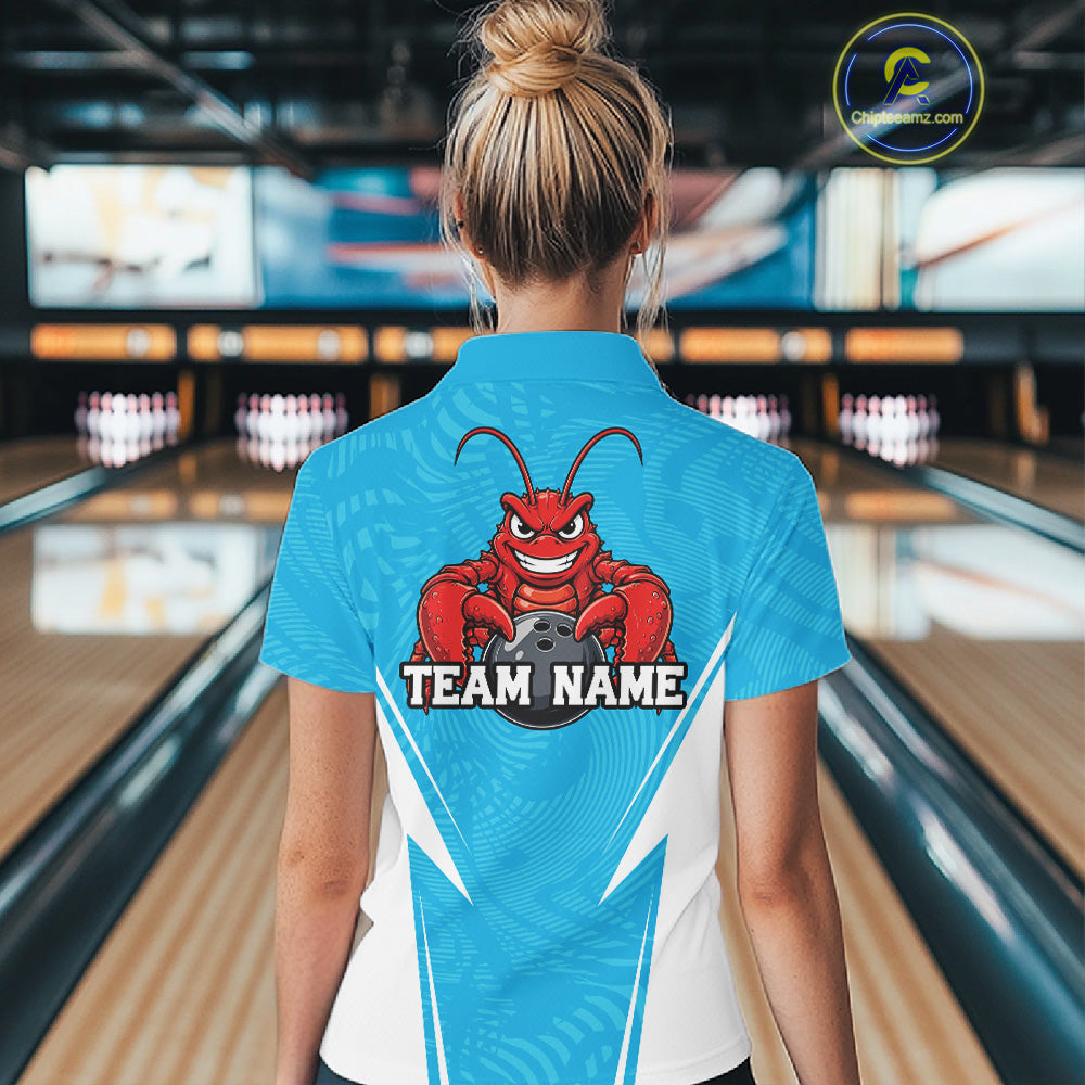 Back view of a female model in a bowling alley wearing a blue custom bowling polo shirt with a funny aggressive crawfish holding a bowling ball in a sportswear-style design.
