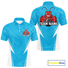 Load image into Gallery viewer, Front and back views of a blue custom men's bowling polo shirt featuring a funny aggressive crawfish holding a bowling ball in a sporty design style.