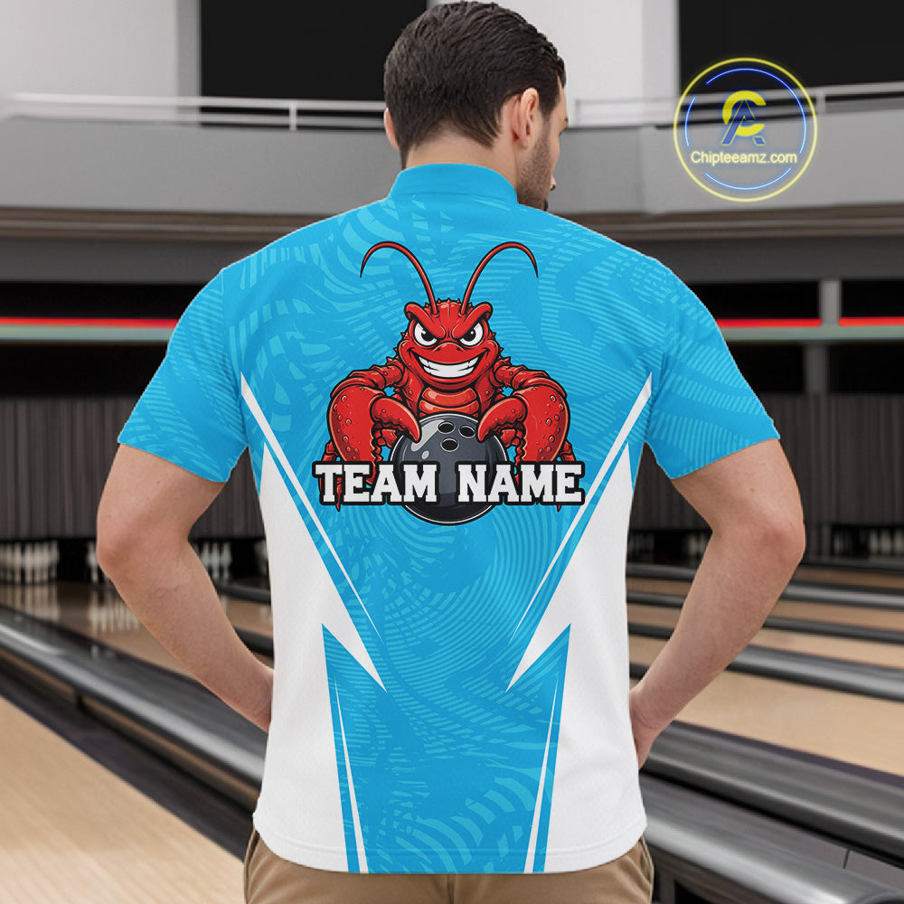 Back view of a male model in a bowling alley wearing a blue custom quarter-zip bowling shirt with a funny aggressive crawfish holding a bowling ball in a sportswear-style design.