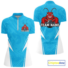 Load image into Gallery viewer, Front and back views of a blue custom women's quarter-zip bowling shirt featuring a funny aggressive crawfish holding a bowling ball in a sportswear-style design.