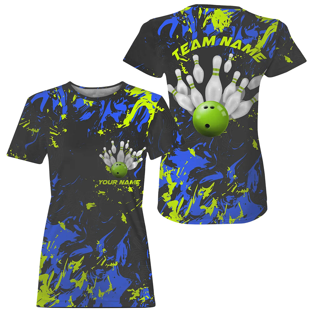 Custom Black, Blue And Green Bowling Women T-Shirts Shirts, Team Jerseys Bowling Pin And Ball IPHW5183