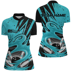 Black And Blue Custom Flame Bowling League Shirts, Bowler Quarter-Zip Shirts For Women IPHW8066