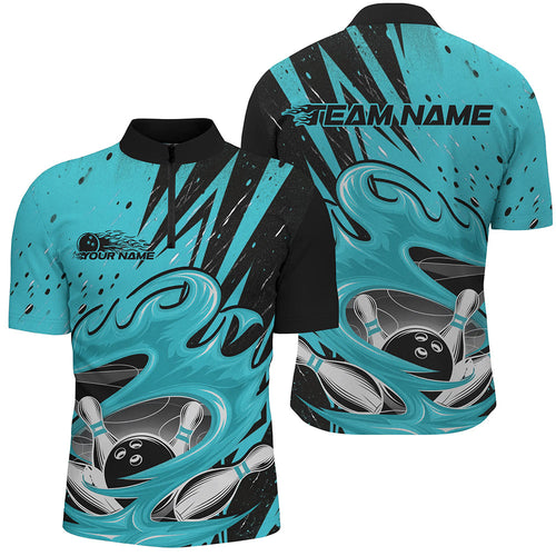 Black And Blue Custom Flame Bowling League Shirts, Bowler Quarter-Zip Shirts For Men IPHW8066