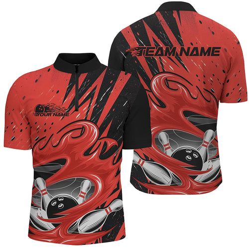 Black And Red Custom Flame Bowling League Shirts, Bowler Quarter-Zip Shirts For Men IPHW8067