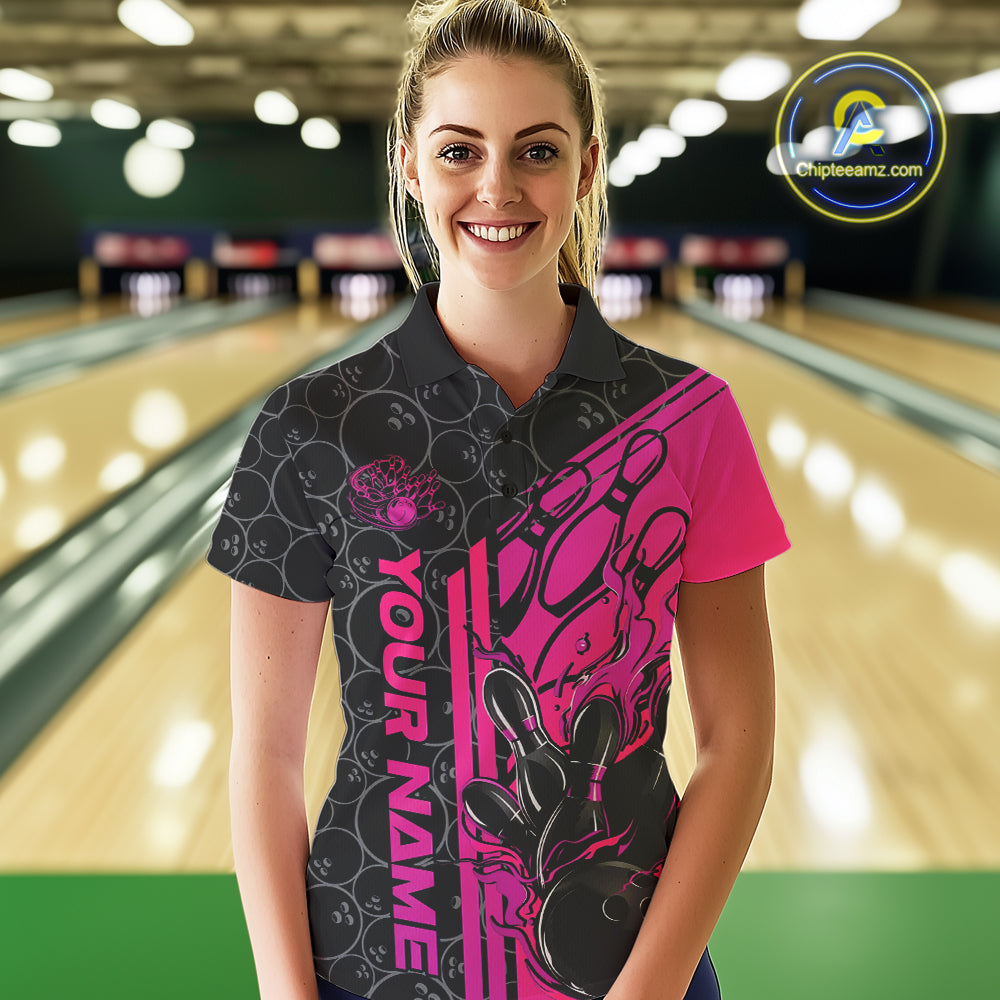 Custom Black And Pink Purple Flame Bowling Polo Shirts For Women, Bowling Pattern Shirt IPHW9272
