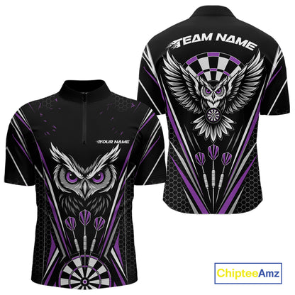 Custom Black And Purple Owl Darts Quarter Zip Shirts For Men, Darts Team Jerseys IPHW11724
