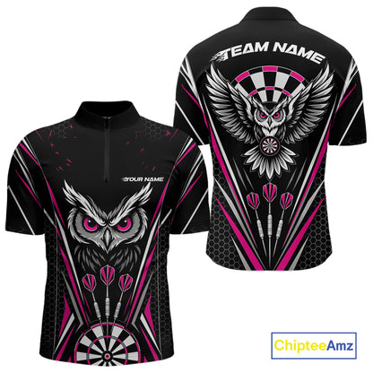 Custom Black And Pink Owl Darts Quarter Zip Shirts For Men, Darts Team Jerseys IPHW11726