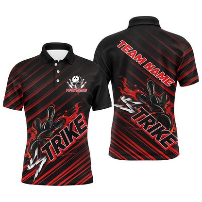Custom Black And Red Flame Strike Bowling Shirts For Men, Bowling League Bowling Uniform IPHW7338