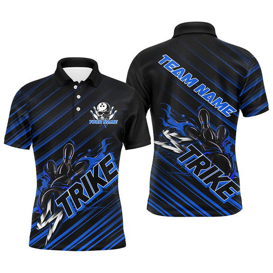 Custom Black And Blue Flame Strike Bowling Shirts For Men, Bowling League Bowling Uniform IPHW7339