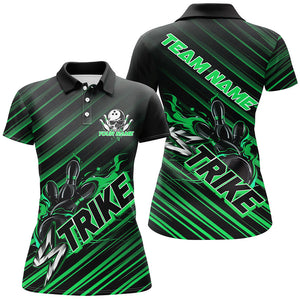 Custom Black And Green Flame Strike Bowling Shirt For Women, Bowling League Bowling Uniform IPHW7340