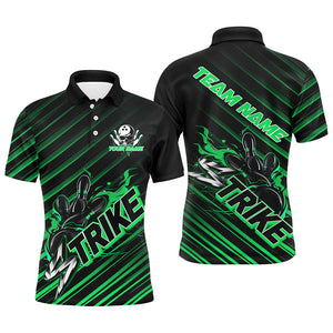 Custom Black And Green Flame Strike Bowling Shirts For Men, Bowling League Bowling Uniform IPHW7340