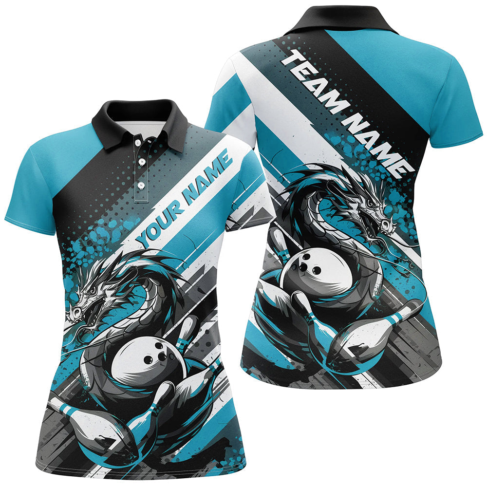 Black And Blue Custom Dragon Bowling Polo Shirts For Women, Dragon Bowling League Shirt IPHW8071