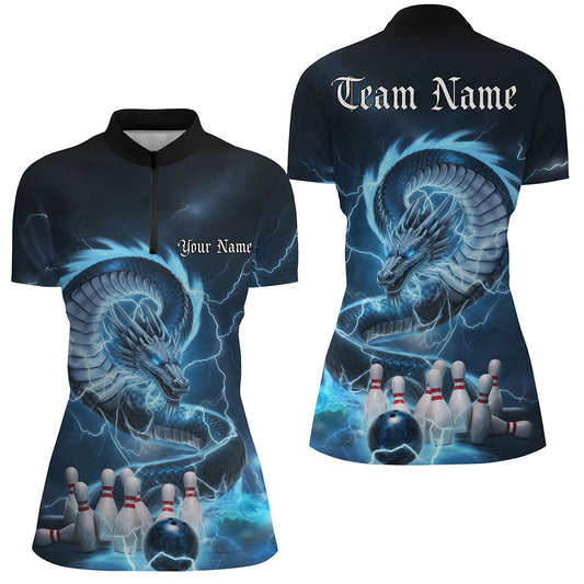 Custom Black And Blue Thunder Lightning Dragon Bowling Quarter-Zip Shirts For Women Jerseys IPHW8074
