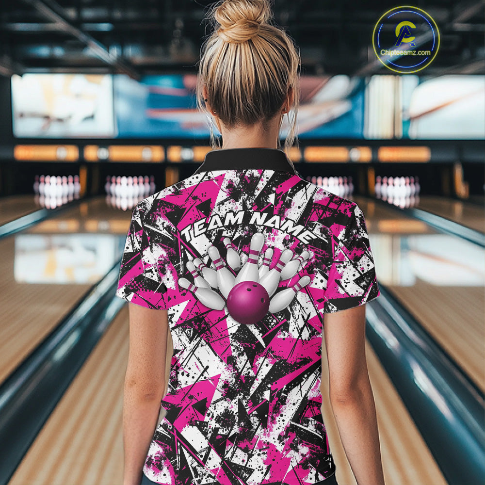 Custom Graffity Pink Camo Bowling Team Women Polo Shirts, Camouflage Bowling Jerseys IPHW10214