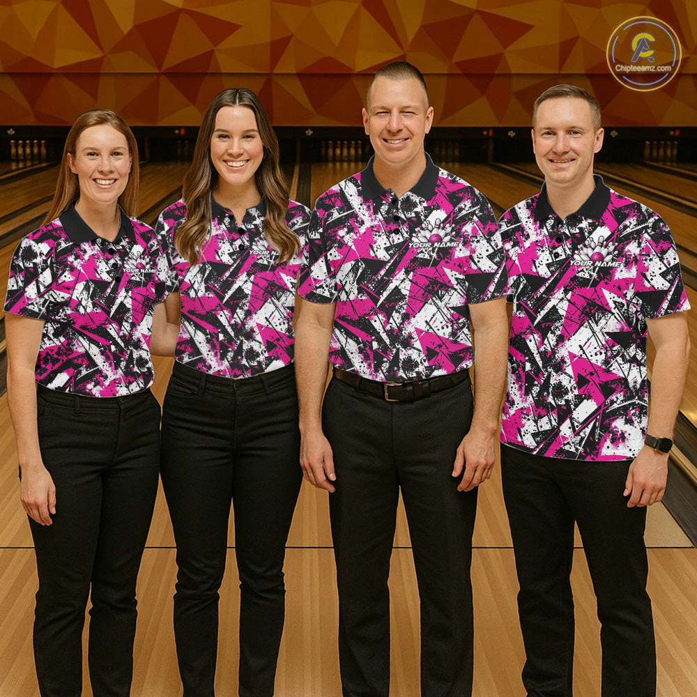 Custom Graffity Pink Camo Bowling Team Men Polo Shirts, Camouflage Bowling Jerseys IPHW10214