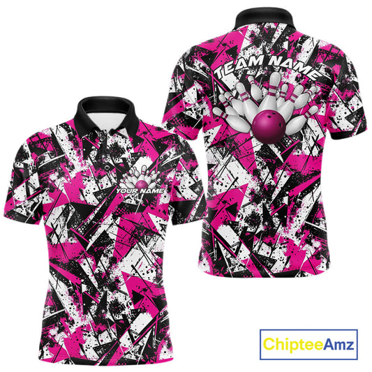 Custom Graffity Pink Camo Bowling Team Men Polo Shirts, Camouflage Bowling Jerseys IPHW10214