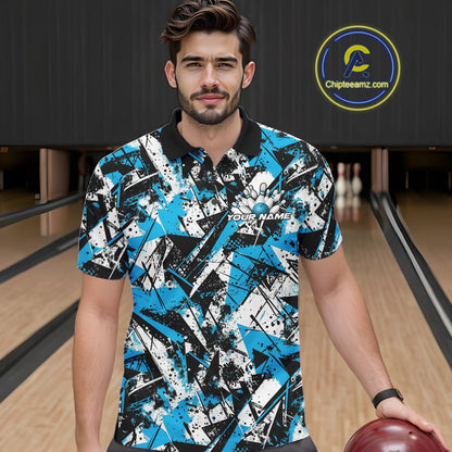 Custom Graffity Blue Camo Bowling Team Men Polo Shirts, Camouflage Bowling Jerseys IPHW10215