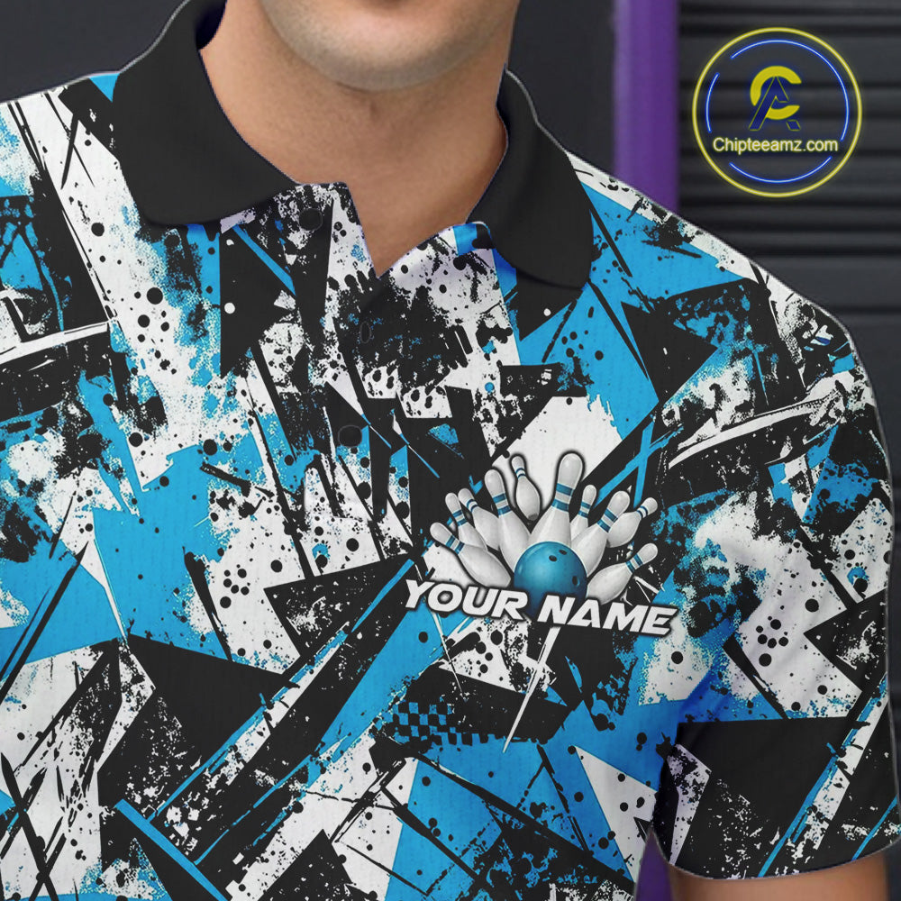 Custom Graffity Blue Camo Bowling Team Men Polo Shirts, Camouflage Bowling Jerseys IPHW10215