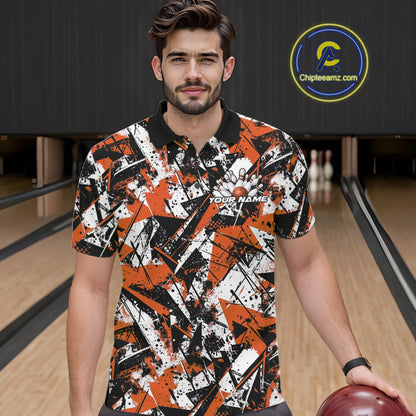 Custom Graffity Orange Camo Bowling Team Men Polo Shirts, Camouflage Bowling Jerseys IPHW10216