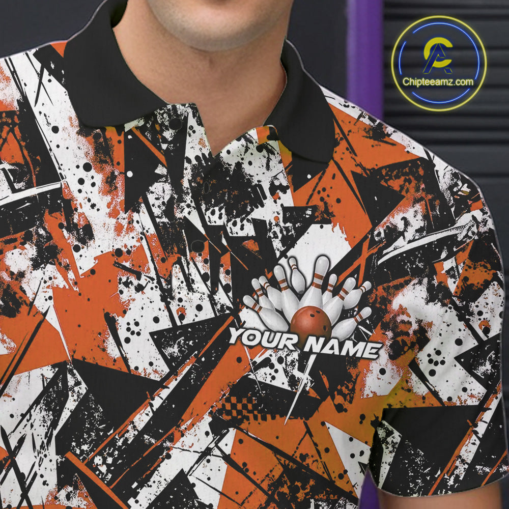 Custom Graffity Orange Camo Bowling Team Men Polo Shirts, Camouflage Bowling Jerseys IPHW10216
