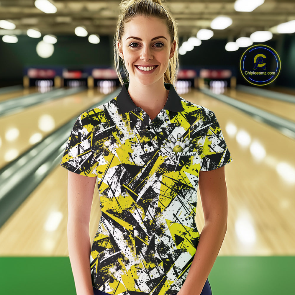Custom Graffity Yellow Camo Bowling Team Women Polo Shirts, Camouflage Bowling Jerseys IPHW10217