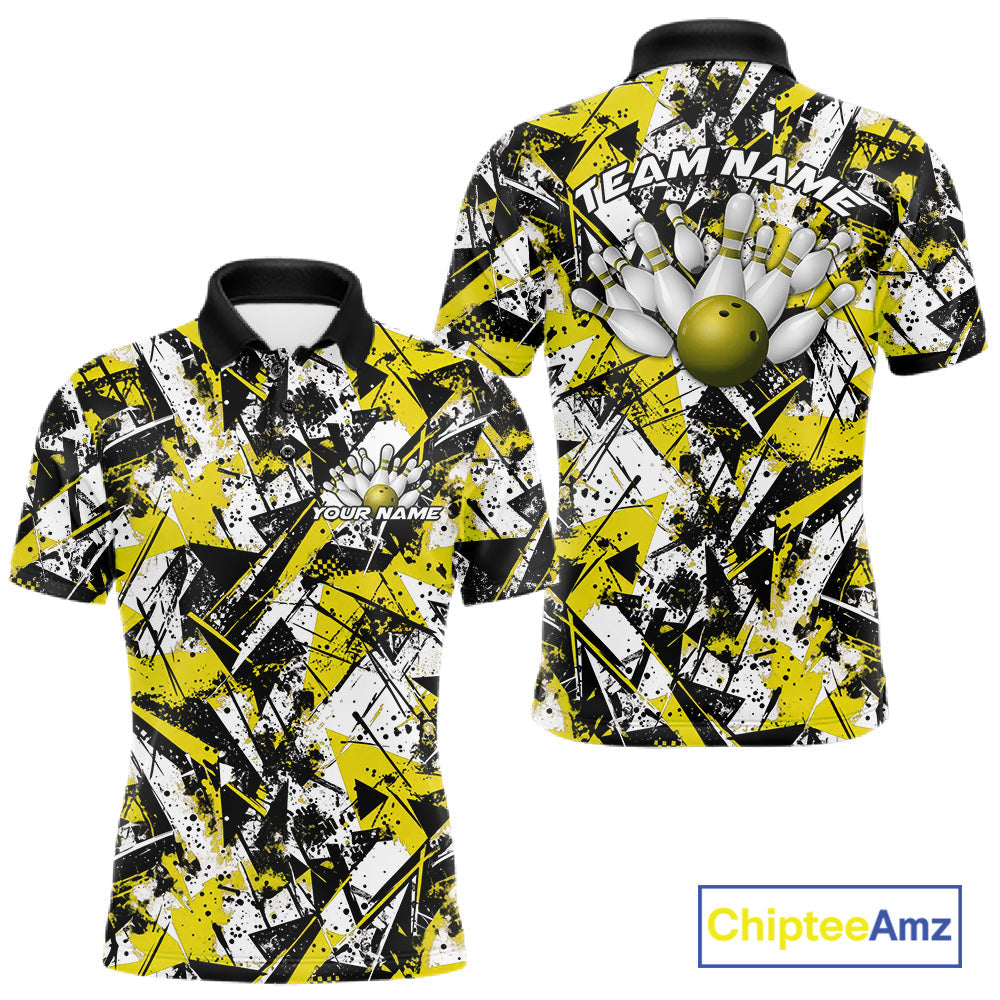 Custom Graffity Yellow Camo Bowling Team Men Polo Shirts, Camouflage Bowling Jerseys IPHW10217
