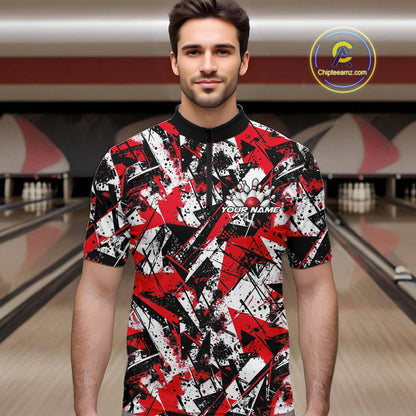 Custom Graffity Red Camo Bowling Team Men Quarter-Zip Shirts, Camouflage Bowling Jerseys IPHW10218