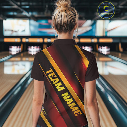 Custom Red And Gold Bowling Tournament Shirts For Women With Name, Bowler Outfit IPHW10645