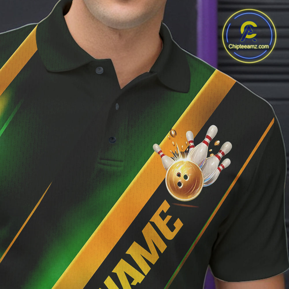 Custom Green And Gold Bowling Tournament Shirts For Men And Women With Name, Bowler Outfit IPHW10647
