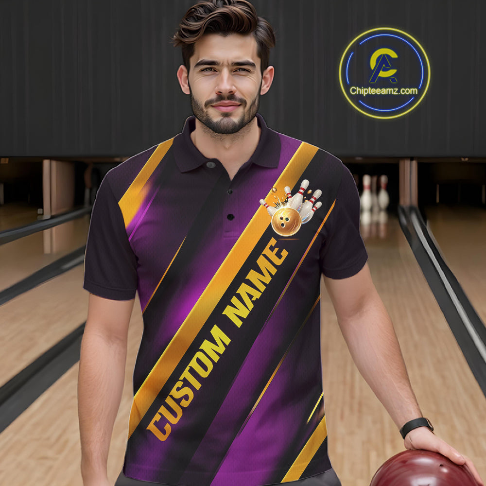 Custom Purple And Gold Bowling Tournament Shirts For Men And Women With Names IPHW10648