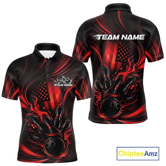 Front and back view of a black and red men’s bowling polo shirt featuring flames around a bowling ball striking pins with patriotic American flag bowling style.